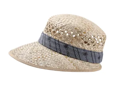 Liegestuhlhut aus naturbelassenem Stroh mit Edelweissband in Blau und Anthrazit