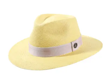 Panamahut Fedora Traveler in Citron mit Rebsband Hutband und 1919 Risa Qualitätsknopf