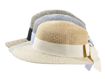 Sommerlicher Damenhut „Liegestuhlhut“ mit Rebsband und Schlaufe in Schwarz, Beige und Blau