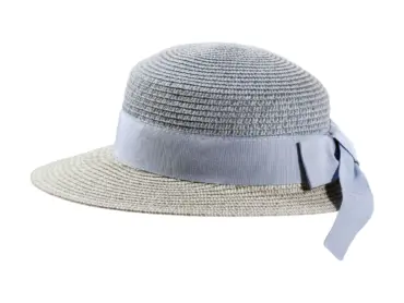 Sommerlicher Damenhut „Liegestuhlhut“ mit Rebsband und Schlaufe in Schwarz, Beige und Blau