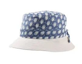 Damen Sommerhut Leinen/Cotton mit besticktem Jeansstoff und cremefarbener Krempe.