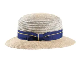 Damen Strohhut Cloche aus Weizenstroh mit blau-goldenem Rebsband