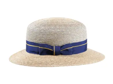 Damen Strohhut Cloche aus Weizenstroh mit blau-goldenem Rebsband