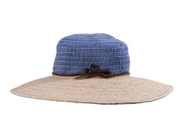 altbarer Sommerhut Cloche mit breitem Raffiarand und gestreifter Stoffkrone