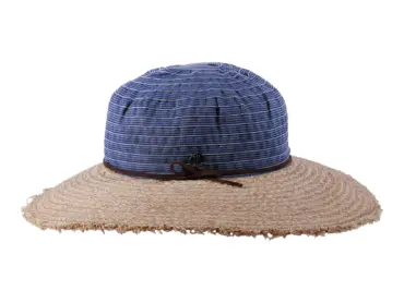 altbarer Sommerhut Cloche mit breitem Raffiarand und gestreifter Stoffkrone