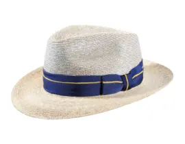Strohhut Bogart aus Weizenstroh mit blauem Rebsband und gelber Zierlinie