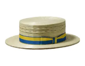 Handgefertigter Röhrlihut Canotier Freiamt Häggliger aus Naturstroh mit farbigem Hutband