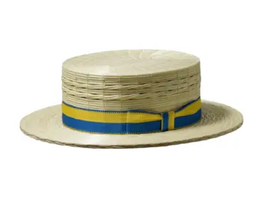 Handgefertigter Röhrlihut Canotier Freiamt Häggliger aus Naturstroh mit farbigem Hutband