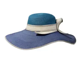 Damenstrohhut mit türkiser Krone, blauer Krempe und weißem Hutband