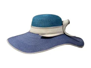 Damenstrohhut mit türkiser Krone, blauer Krempe und weißem Hutband