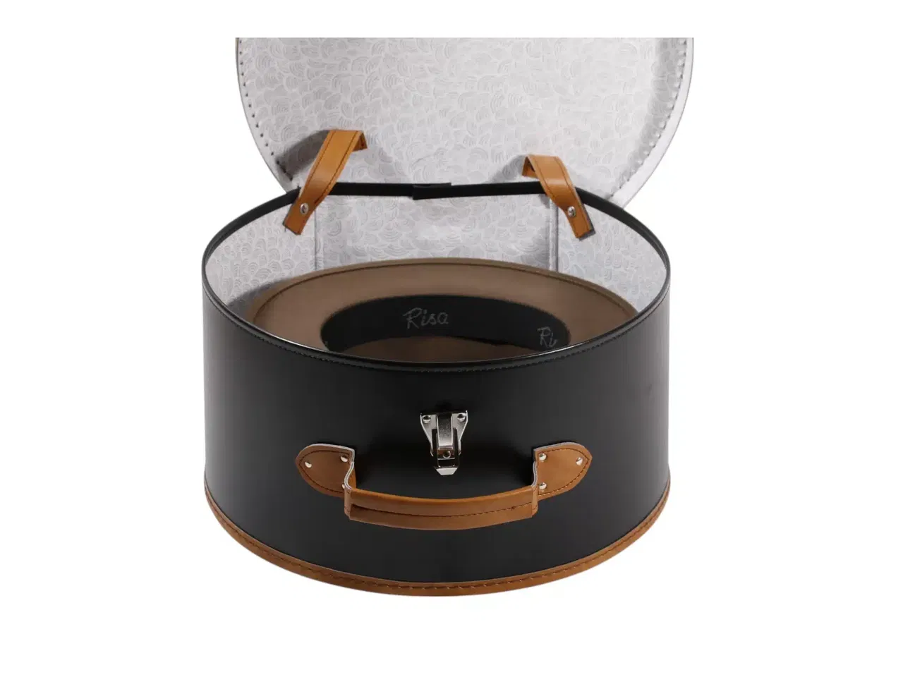 Schwarzer Hutkoffer mit braunen Details, geöffnet und geschlossen in Medium und Large