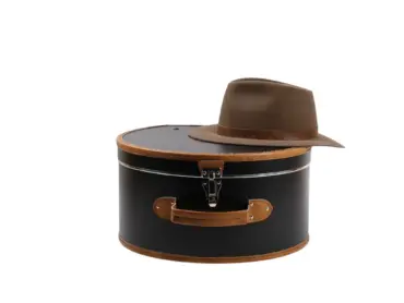 Schwarzer Hutkoffer mit braunen Details, geöffnet und geschlossen in Medium und Large