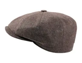 Paperboy Mütze Herringbone aus Wolle mit Fischgrätmuster in Mittelbraun, Jeansblau und Olive