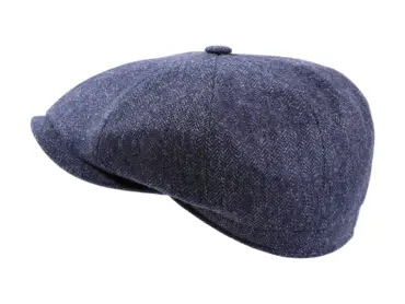 Paperboy Mütze Herringbone aus Wolle mit Fischgrätmuster in Mittelbraun, Jeansblau und Olive