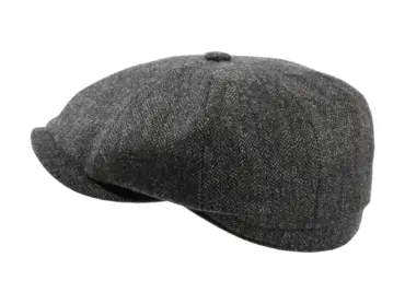 Paperboy Mütze Herringbone aus Wolle mit Fischgrätmuster in Mittelbraun, Jeansblau und Olive