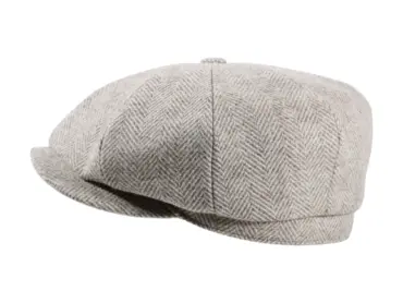 Paperboy „Shelby“ Wolle Moon in hellem Beige: klassische 8-Panel-Mütze im Herringbone-Muster, seitliche Ansicht.